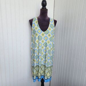 Beach Break Dress Women's Blue Yellow V-Neck Floral Sleeveless Casual Twist Sz L
